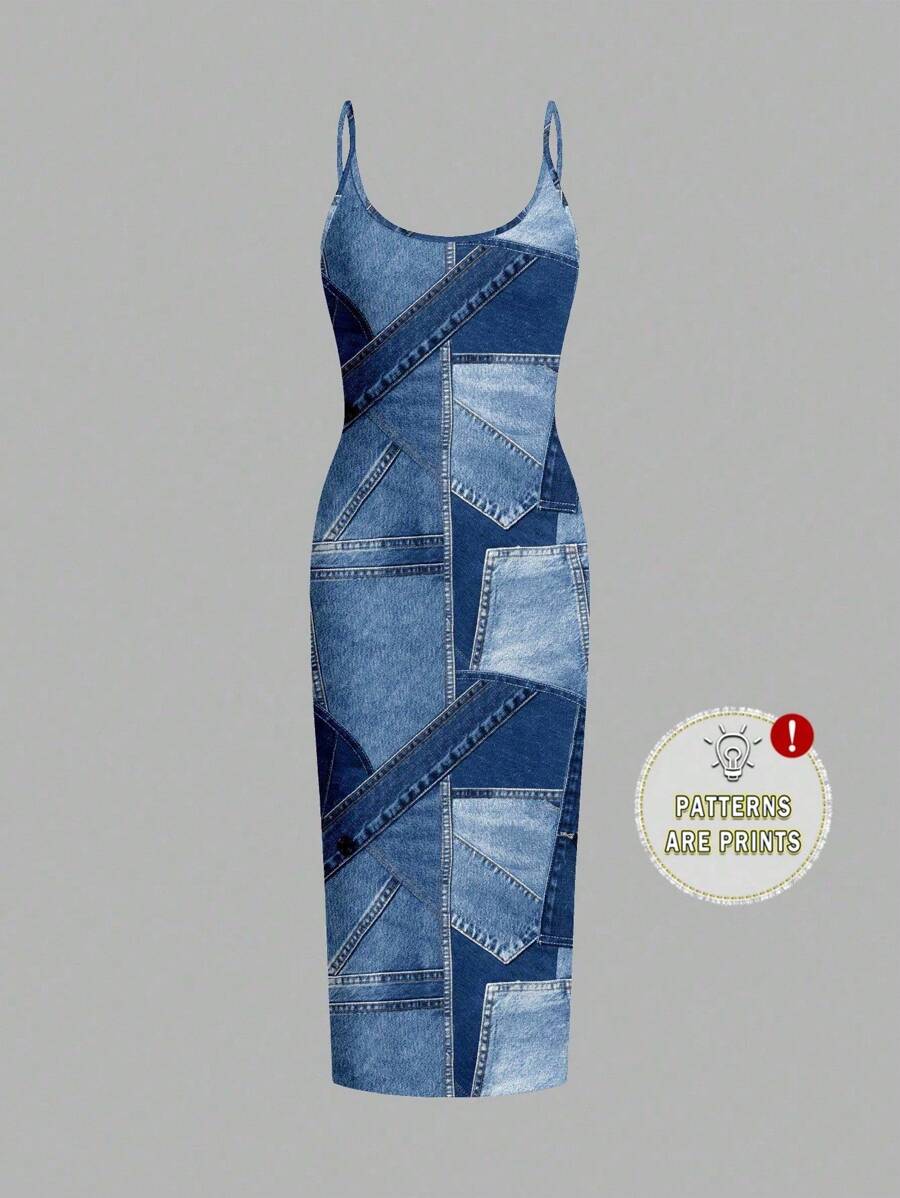 Comfortcana 夏季休闲简约大码女式紧身细肩带连衣裙，蓝色块，纹理面料印花 - 彩色 - 查看 1