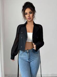 Elenzga Elegant Commuting Chic Fashion Versatile Solid Black Large Lapel Long Sleeve Chiffon Sheer Mesh Paneled Double Breasted Cinched Waist Waist Slim Short Trench Coat For Women Fall Winter Cloth For Women