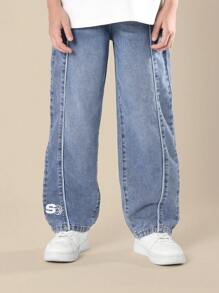 SUMWON 复古90年代风格侧边滚边阔腿牛仔裤青少年男童滑板篮球裤街头潮流冬秋时尚 - 藍色 - 查看 1