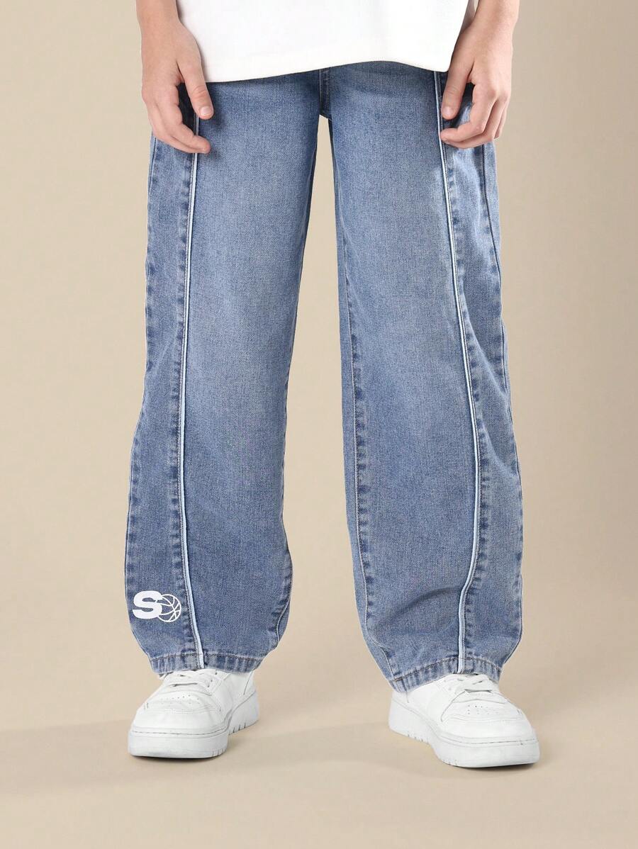 SUMWON 复古90年代风格侧边滚边阔腿牛仔裤青少年男童滑板篮球裤街头潮流冬秋时尚 - 藍色 - 查看 1