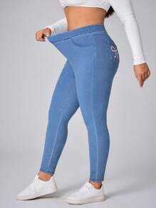 Flexra Plus Size Women Bowknot Elastic Fitted Pants - Medium Wash - View 4
