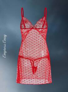 SHEIN Women's Lace Patchwork Sheer Sexy Nightgown - Red - View 2