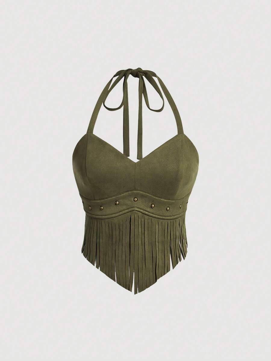 SHEIN MOD Plus Size Vintage Army Green Suede Tassel Halter Neck Top - Army Green - View 1