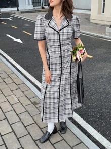 SHEIN 少女法式 A 字型喇叭长裙，夏季泡泡袖格子高腰复古风格 - 深灰色 - 查看 2