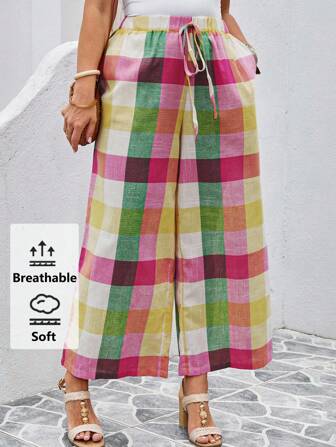 EMERY ROSE Plus Size Women Waist Tie Plaid Wide Leg Casual Loose Pants, Versatile, Simple And Fashion Style, Suitable For Summer,Casual Holiday Style, Casual Holiday Outfits, Summer Fashion, Women's Summer Outfits, Mother's Day Outfits, Country Concert Outfits, Women's Boho Outfits, Women's Western Outfits, Women's Holiday Outfits, Women Summer Clothing Women Plus Clothing Business Casual Woman S Summer Clothes Women Plus Clothing Formal