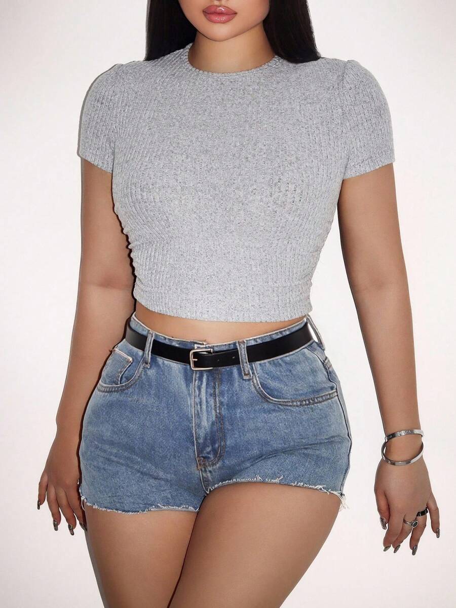 Zolique Women's Plain Round Neck Short Sleeve Cropped Ribbed Slim Fit Casual T-Shirt - Grey - View 1