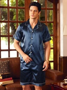 SHEIN EverLounge Men Vertical Striped Button Front PJ Set / Pajama Set