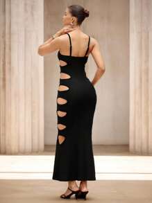 SHEIN Unity Party Women Clothes,Night Out,Women's Knitted Sleeveless Sexy Hollow-Out Slim Fit Long Dress, Fashion And Stylish Summer Dress - Black - View 2