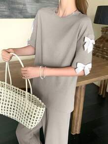 SHEIN 少女宝蓝色纯色编织纯色圆领蝴蝶结宽松T恤和宽松长裤两件套休闲套装