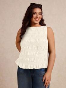 Elaquor Plus Size Women Solid Color Ruffle Hem Casual Tank Top,Going Out Tops,Holiday Spring To Summer - Beige - View 4