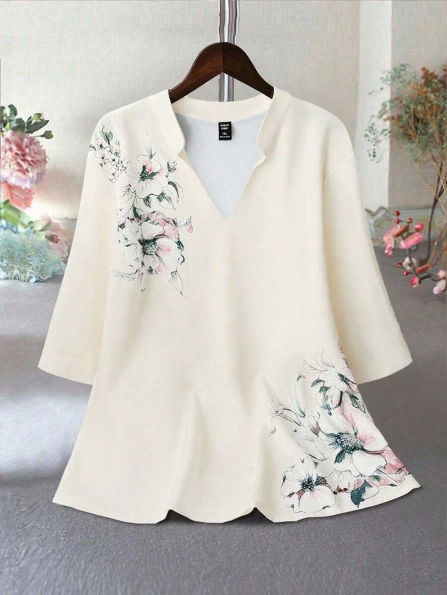 Linhara 女士优雅办公室休闲 V 领花卉图案衬衫，短袖常规版型加大码，白色，春夏秋 - 杏色 - 查看 1