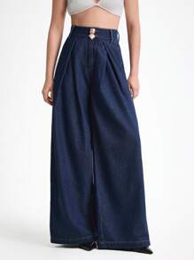 Daynim 女士休闲通勤阔腿牛仔裤 阔腿牛仔裤 喇叭牛仔裤 女士牛仔裤 喇叭裤 牛仔裤 高腰牛仔裤 - 深色水洗藍 - 查看 1