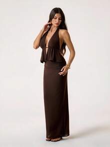 SHEIN Tall Women Elegant Plain Color Sexy Brown Halter Low Back Crop Top And Skirt Set,Elegant Outfits For Party,Wedding Guest Sets For Women,Party Outfit - Brown - View 4