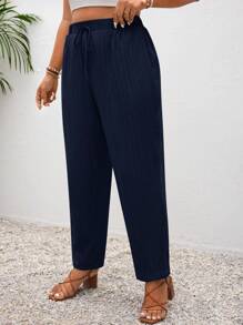 SHEIN PETITE CURVE Plus Size Vacation Solid Color Knotted Casual Pants With Pockets Navy Blue Pants Women Casual Pants Women Summer Pants Drawstring Pants Women Trousers