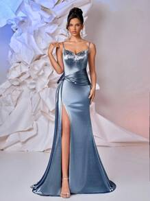 Glamrae Váy satin sang trọng quyến rũ không tay màu xám xanh lấp lánh với đá quý đính ở eo xoắn, viền đuôi cá xẻ tà bên hông, thích hợp cho các buổi hẹn hò, bãi biển, sinh nhật, tiệc tùng, đám cưới, tốt nghiệp, vũ hội - Xám Xanh - Xem 7