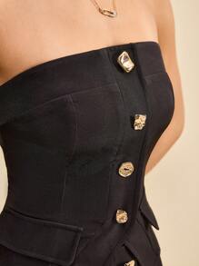 SHEIN Unity A Strapless Top With Unique Metallic Decorative Buttons Business Casual Night Out - Black - View 5