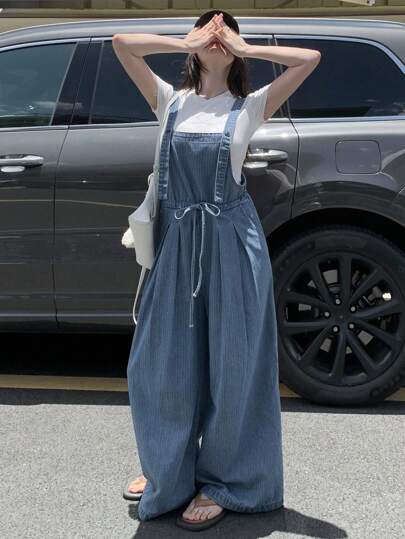 DAZY 女式夏季条纹抽绳休闲牛仔连体裤