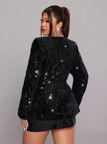 NU&NOW 大码女式迷人单排扣腰部夹克，适合派对和场合，黑金色，亮片天鹅绒面料，闪闪发光，长袖 - 黑色 - 查看 2