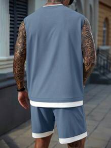 Manfinity CasualCool Men's Casual Letter Patched Round Neck Tank Top And Shorts Set, Summer Blue Two Piece Set Men, Cozy Outfits - Dusty Blue - View 2