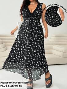 Solflare 大码女式夏季假日黑色网眼碎花印花 V 领蝴蝶结连衣裙 - 黑與白 - 查看 3