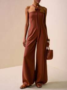 Zivah 2025年夏季新品，音乐节，毕业季，学院风，学生日常穿搭，百搭百搭，休闲，度假，海滩，日光浴，街头风，酒红色/棕色吊带绑带纹理面料露背连体裤 - 紅木色 - 查看 6