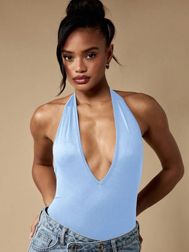 MISSGUIDED V Neck Halter Bodysuit Summer Plunge Neckline Backless Sleeveless Form Fitting Party Casual Evening Occasion Wear Elegant Design