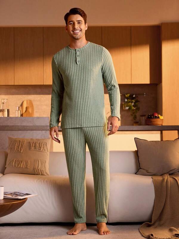 Manfinity Underwear&Sleepwear Basics Conjunto de Pijama/Pijama em Malha Canelada Masculino