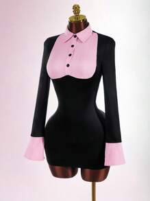 Amplova 女式撞色条纹拼布修身迷你连衣裙 - 黑色 - 查看 4