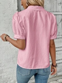 Breezaya Vacation Leisure Solid Color Lace Patchwork Bubble Sleeve Shirt - Pink - View 2