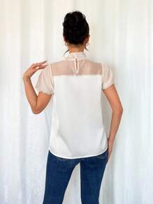 Islaluna Áo sơ mi nữ có nơ và trang trí ngọc trai, tay bồng, xuân/hè - Màu be - Xem 2