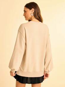 CAJUNI 女士度假休闲趣味鸟类植物印花卫衣，开衩下摆泡泡袖，秋冬款 - 彩色 - 查看 2