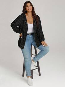 Comfylo Plus Size Front Zip Up Long Sleeve Hooded Jacquard Windbreaker Coat, Casual Daily Wear Winter Fall Autumn