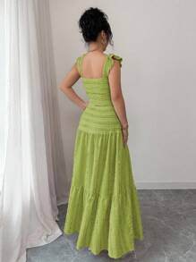 Rafferiza 优雅甜美针织提花纹理方领无袖前开裙，女式两件套，适合春夏季 - 綠色 - 查看 2