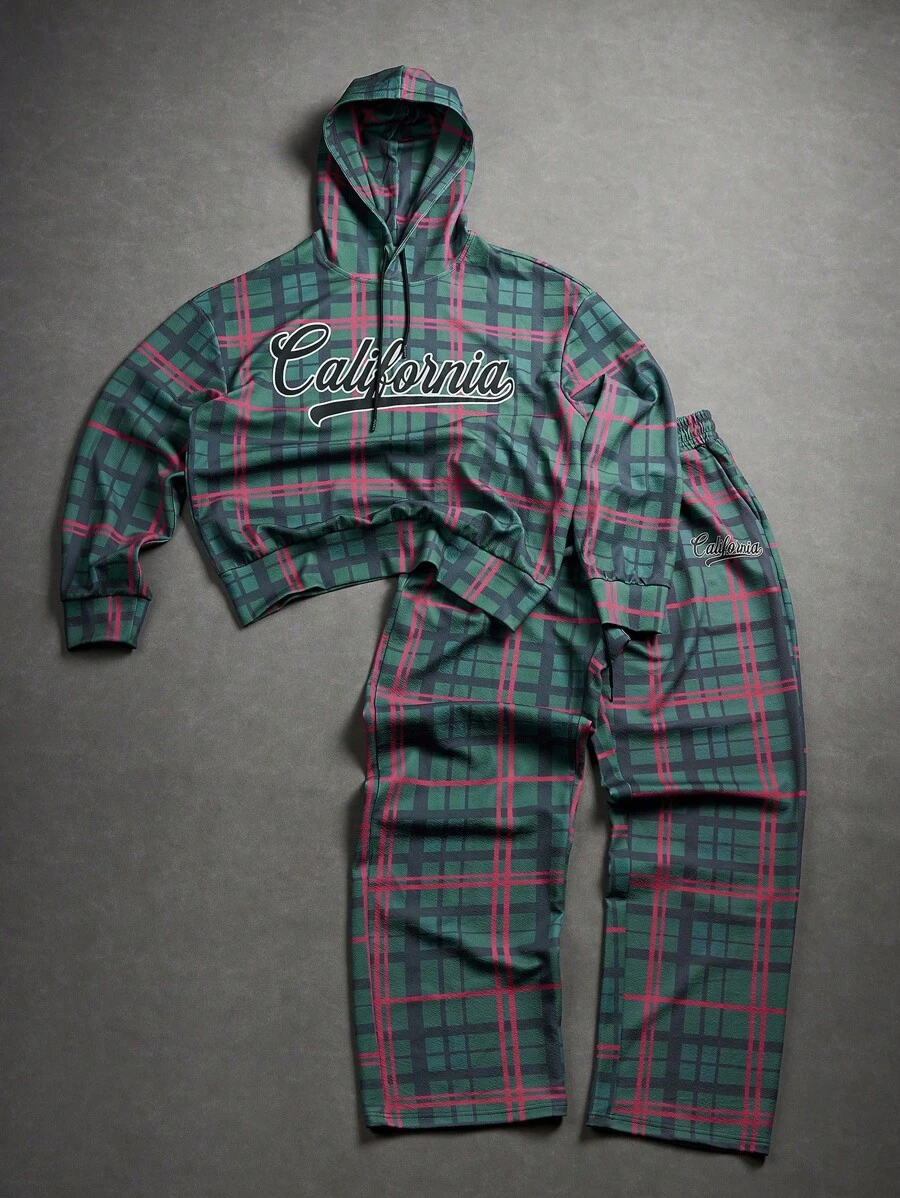 Manfinity EMRG Men's Plaid Hooded Sweatshirt And Sweatpants Set , Men Two Pieces Set , Men Sweatsuit Set , Plaid Sweatsuit , California Sweatsuit