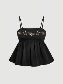 SHEIN MOD Plus Size Black Embroidered Lace Vintage Resort Style Embroidered Women Camisole Black Babydoll Top Embroidered Top,Halloween,Autumn Clothes,Fall Clothes,Retro,Chic,Vintage Style Embroidered Peasant Crop Top For Women, Summer, Casual, Boho, Country Concert, Rave Festival, Festival, Western, Brunch, Beach, Cute, Fairy Core, Going Out Tops, Boho Tops, Party Tops, Black Top, Rave Top