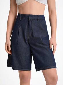 Daynim Women's Casual Commuter Bermuda Denim Shorts Loose Wide Leg - Dark Wash - View 4