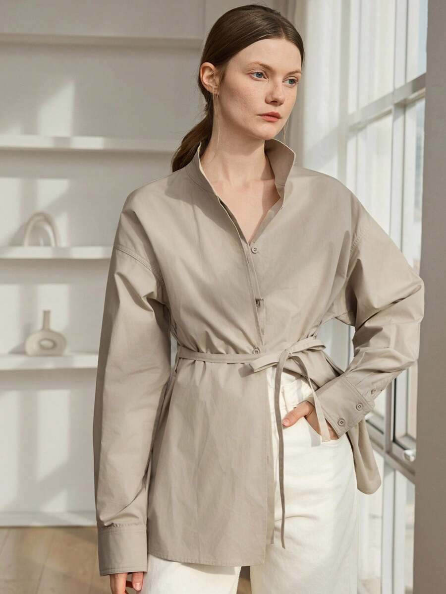 Dazy-Less Damen Lose Business Lässig Bluse mit Kordelzug, minimalistisches Langarmhemd für Büromode, Frühling/Herbst Damenkleidung