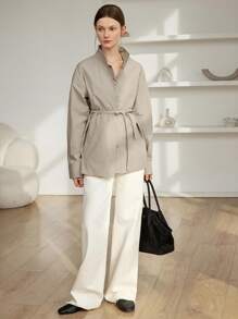 Dazy-Less Damen Lose Business Lässig Bluse mit Kordelzug, minimalistisches Langarmhemd für Büromode, Frühling/Herbst Damenkleidung