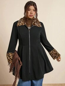 SHEIN LUNE Chaqueta de piel sintética con estampado de leopardo y parches en talla grande, abrigo con estampado de leopardo en talla grande, abrigo con estampado de guepardo en talla grande, abrigos en talla grande para mujer, abrigo de invierno en talla grande con estampado de leopardo, abrigo con estampado de leopardo para mujer en talla grande, abrigo de invierno con ribete de leopardo en negro, ropa de otoño e invierno, atuendos de oficina para mujer, ropa de fiesta de invierno, ropa de Halloween, ropa de Navidad, ropa de otoño