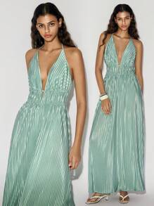 Lumivelle 女士褶裥圆领系带蝴蝶结连衣裙 - 薄荷綠 - 查看 1