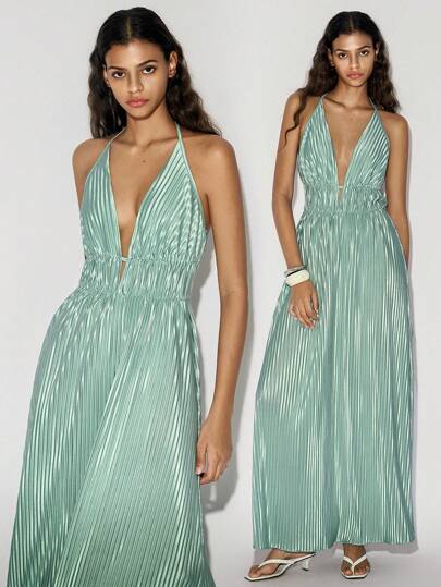 Lumivelle 女士褶裥圆领系带蝴蝶结连衣裙