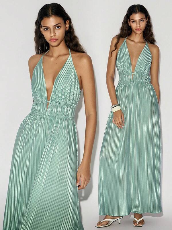 Lumivelle 女士褶裥圆领系带蝴蝶结连衣裙