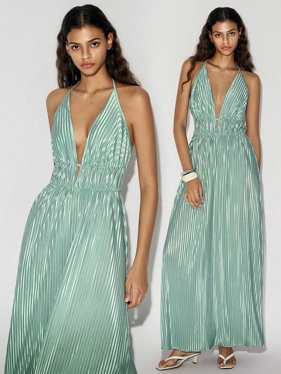 Lumivelle 女士褶裥圆领系带蝴蝶结连衣裙 - 薄荷綠 - 查看 1