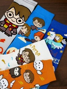 HARRY POTTER X SHEIN 5 双卡通图案棉质柔软透气吸湿排汗儿童中筒袜彩色可爱卡通图案中筒袜加固脚趾和脚跟，经久耐用，男女通用，适合所有季节，百搭，适合学校和户外 - 彩色 - 查看 4