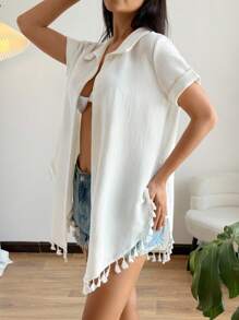 SHEIN Swim Women's Vacation Solid Color Short Sleeve Fringed Hem Romantic Open Front Beach Kimono Coverup For Summer - White - View 4