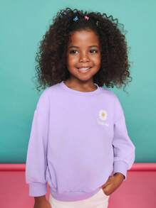 SHEIN 年轻女孩休闲简约舒适花卉图案圆领套头衫，长袖 - 紫色 - 查看 1