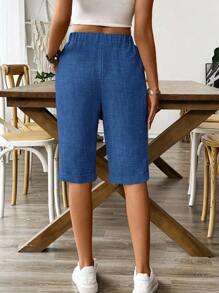 Breezaya 女士纯色抽绳休闲松紧腰短裤，适合假期穿着 - 藍色 - 查看 2