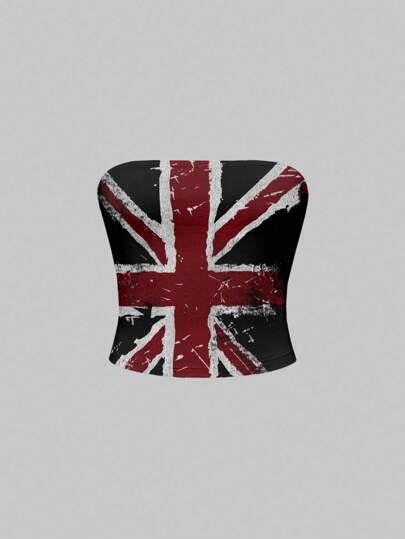 Grunge Punk Sexy Punk Union Jack Black And Red Contrast Bandeau Top For Women Suitable For Going Out