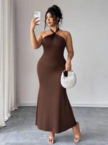 SHEIN PETITE CURVE Đầm suông cổ yếm đuôi cá màu trơn cỡ lớn cho nữ thanh lịch - Cà phê nâu - Xem 6