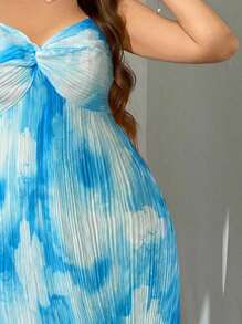 Firerie 加大码优雅度假海滩浪漫约会无袖扭纹露肩宽松超长 A 字连衣裙，橙色扎染褶皱面料，随机花卉印花，适合女性 - 藍白色 - 查看 7